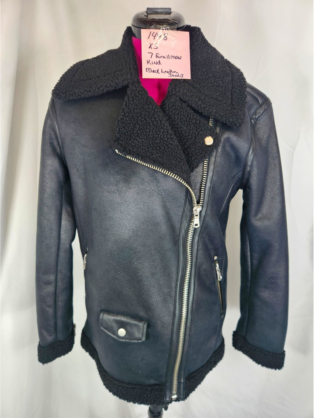 7 For All Mankind Black Faux Leather Sherpa Lined Moto Aviator Jacket